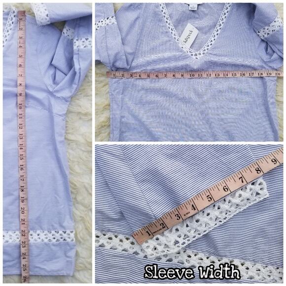Pinstripe Crochet Inset Top Blue White Stripe Size S VNeck Peck & Peck NWT - Picture 6 of 8